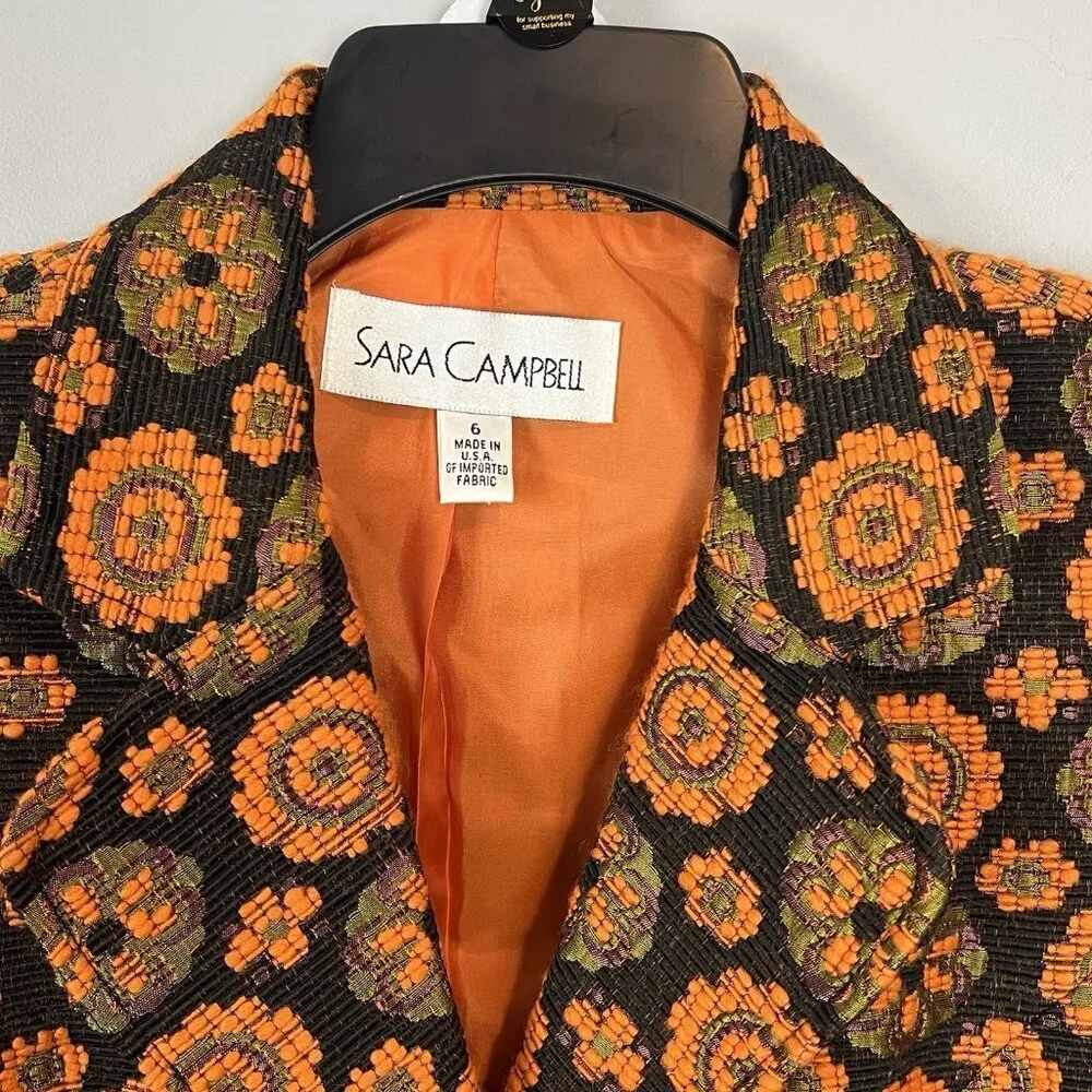 Sara Campbell Orange Floral Blazer Size 6 Retro Twee Phoebe Buffay Indie Art